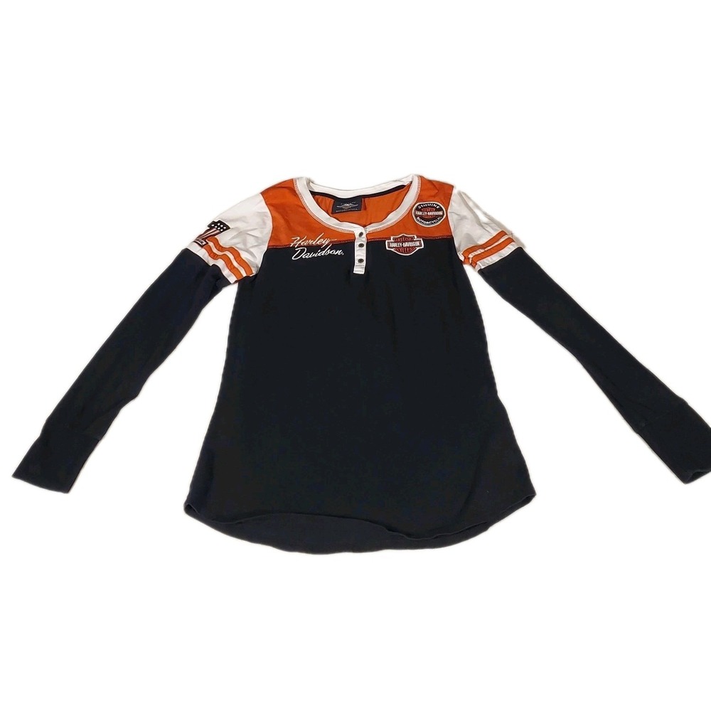 Harley-Davidson Genuine Classic Women's Long Sleeve T-shirt Sz S Black & Orange